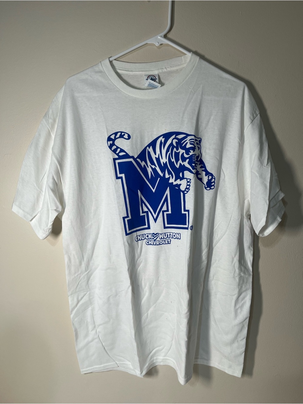 White Short-Sleeve Tee with Blue Memphis Tiger M Graphic